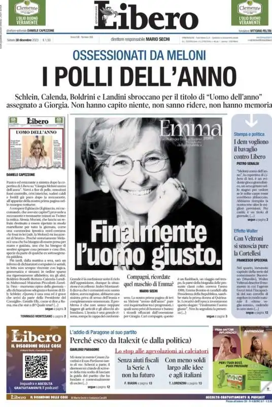 COPERTINA LIBERO 30 DICEMBRE 2023 CON EMMA BONINO 