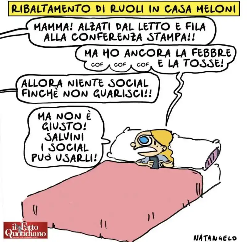 GIORGIA MELONI RINVIA DI NUOVO LA CONFERENZA STAMPA - VIGNETTA BY NATANGELO 