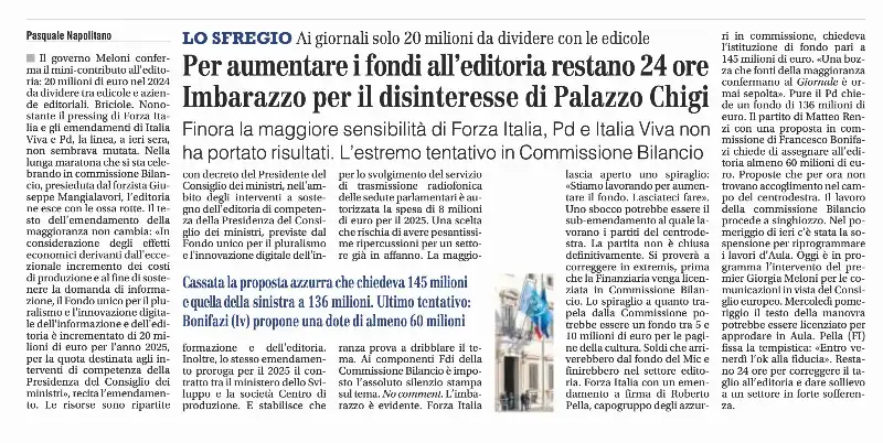 IL GIORNALE - ARTICOLO CONTRO IL GOVERNO SUI FONDI ALL EDITORIA - 17 DICEMBRE 2024 