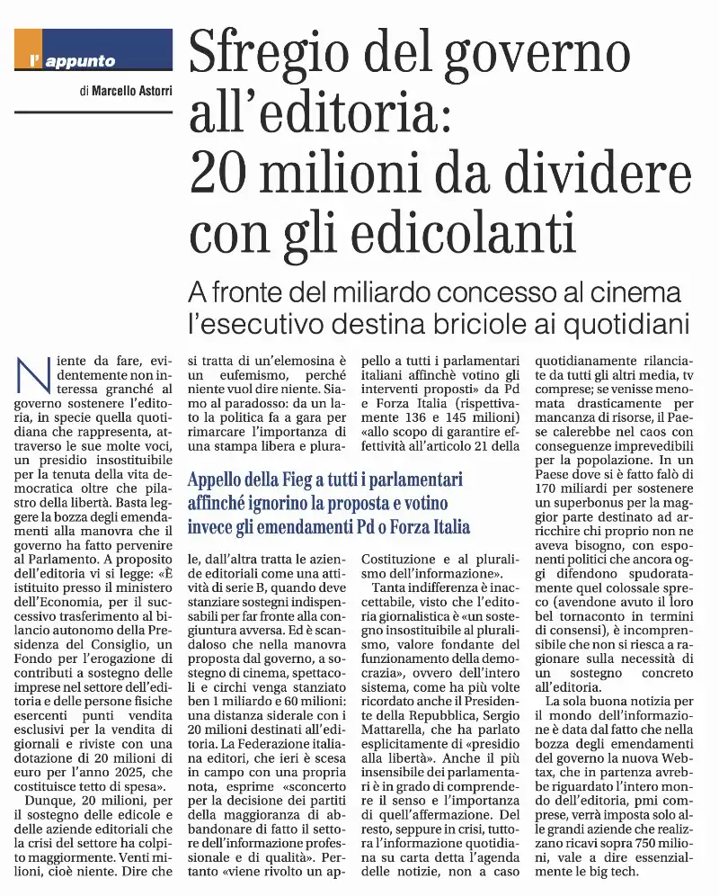 IL GIORNALE - ARTICOLO CONTRO IL GOVERNO SUI FONDI ALL EDITORIA - DOMEICA 15 DICEMBRE 2024