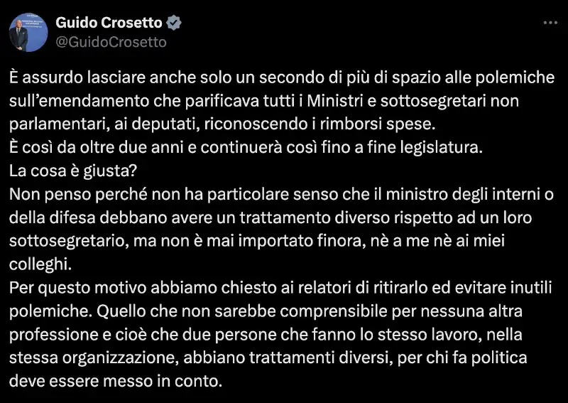 IL TWEET DI GUIDO CROSETTO SULL AUMENTO DEGLI STIPENDI DEI MINISTRI 