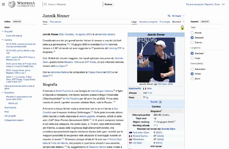 LA PAGINA WIKIPEDIA DI JANNIK SINNER