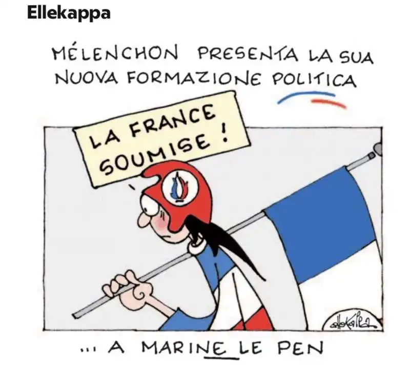 MARINE LE PEN VOTA CON JEAN LUC MELENCHON CONTRO BARNIER - VIGNETTA BY ELLEKAPPA