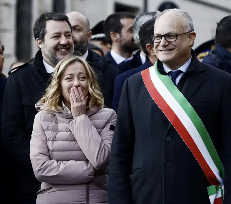 matteo salvini   giorgia meloni   roberto gualtieri inaugurazione piazza pia roma  foto lapresse  