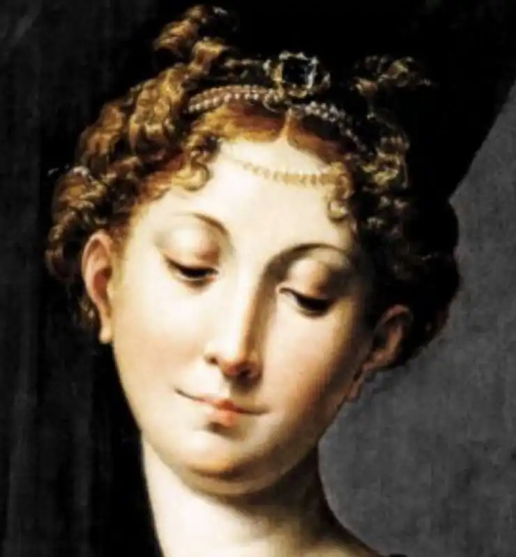 particolare del volto della vergine   madonna dal collo lungo di parmigianino 