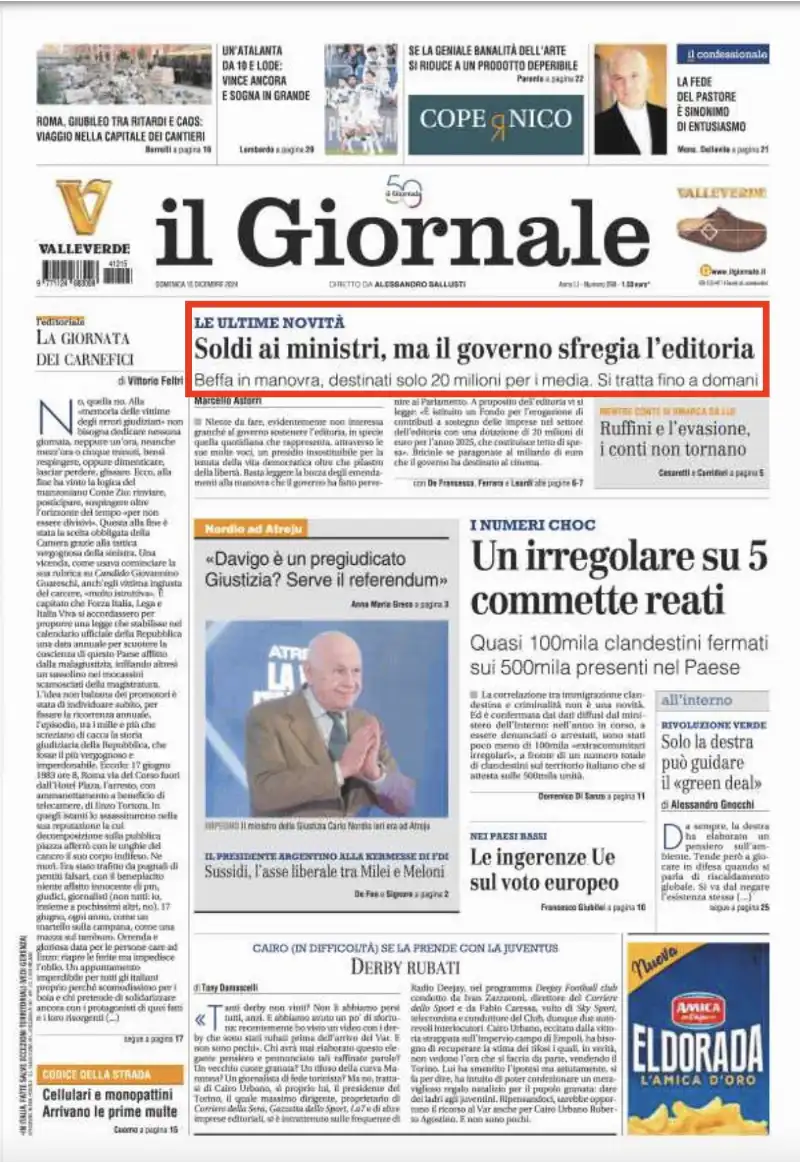 PRIMA PAGINA DEL GIORNALE CON L ATTACCO AL GOVERNO SUI FONDI ALL EDITORIA