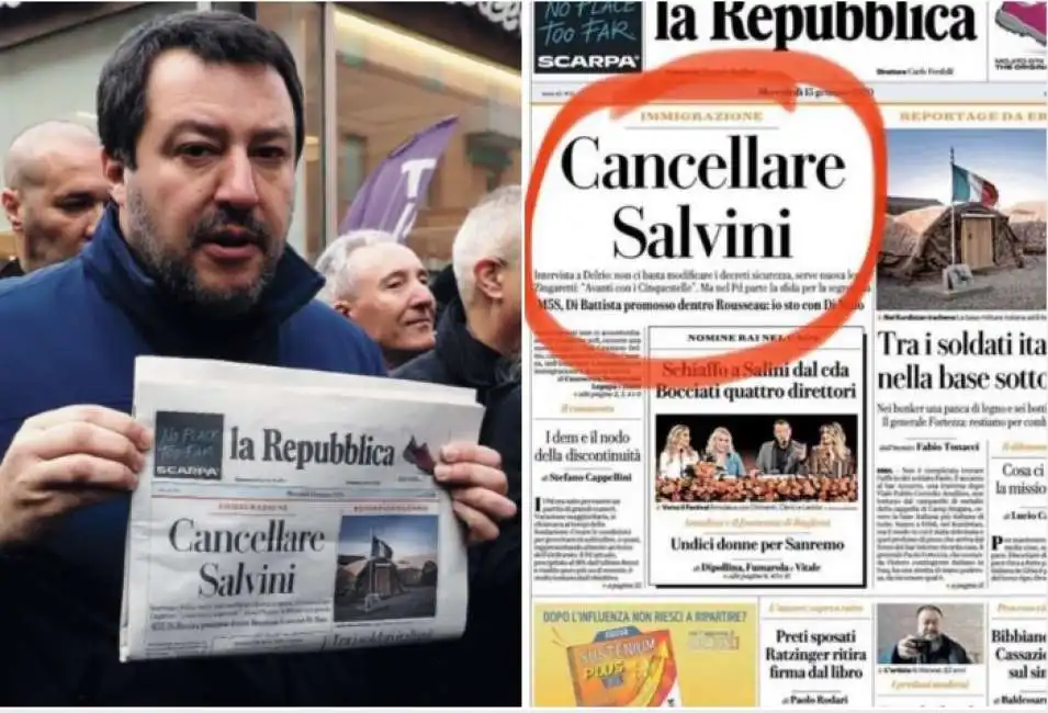 salvini con una copia di repubblica che titola cancellare salvini 