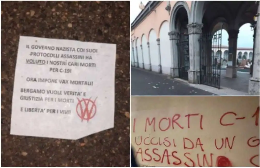 volantini e frasi no vax al cimitero di nembro