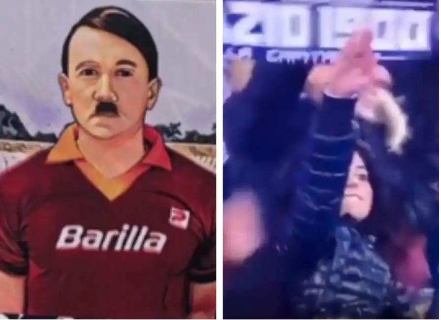 adesivi di hitler con la maglia giallorossa e tifosa lazio che fa il saluto romano