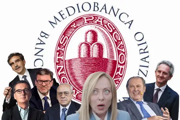 luigi lovaglio - francesco gaetano caltagirone - giancarlo giorgetti - milleri - alberto nagel - philippe donnet mediobanca mps giorgia meloni 