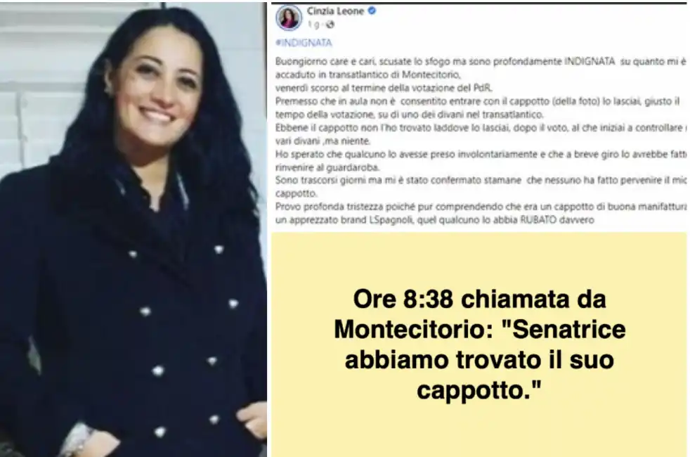 il post di cinzia leone sul cappotto rubato a montecitorio