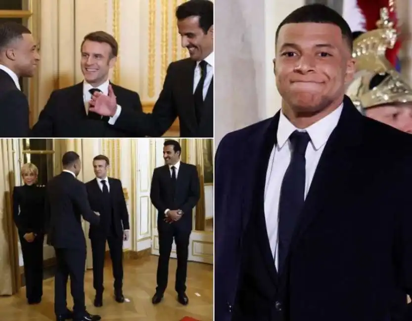 kylian mbappe incontra emmanuel macron e l'emiro tamim ben hamad al thani all'eliseo 2