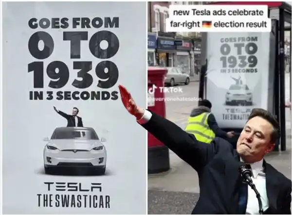 i manifesti con la tesla swasticar a londra