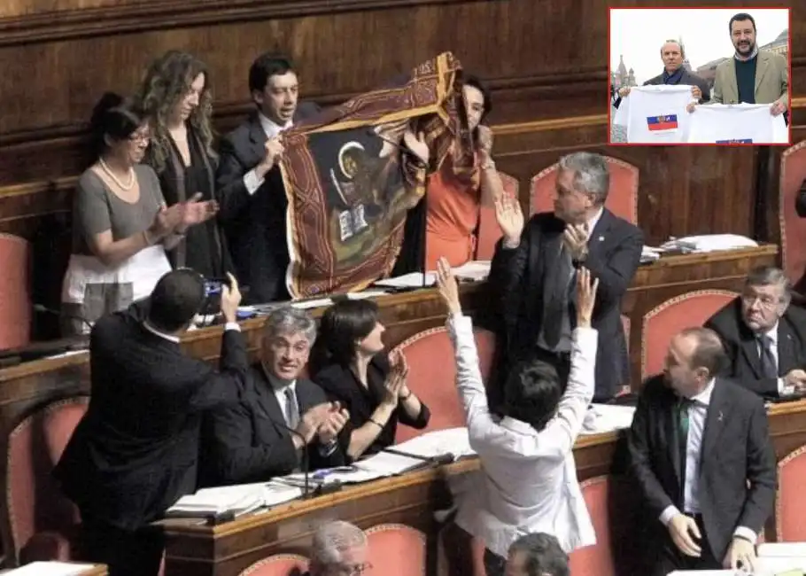 paolo tosato con la bandiera della serenissima in senato contro le sanzioni alla russia salvini savoini 