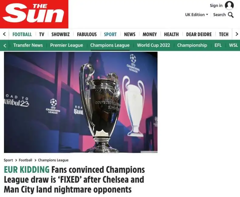 articolo del sun sul complottone del sorteggio di champions league 