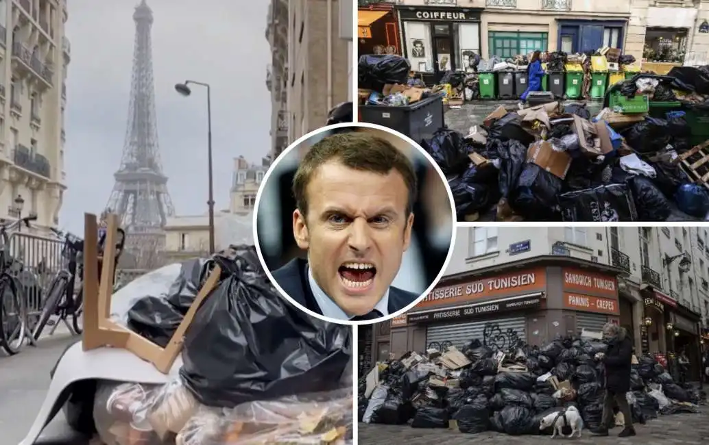 emmanuel macron parigi spazzatura mondezza