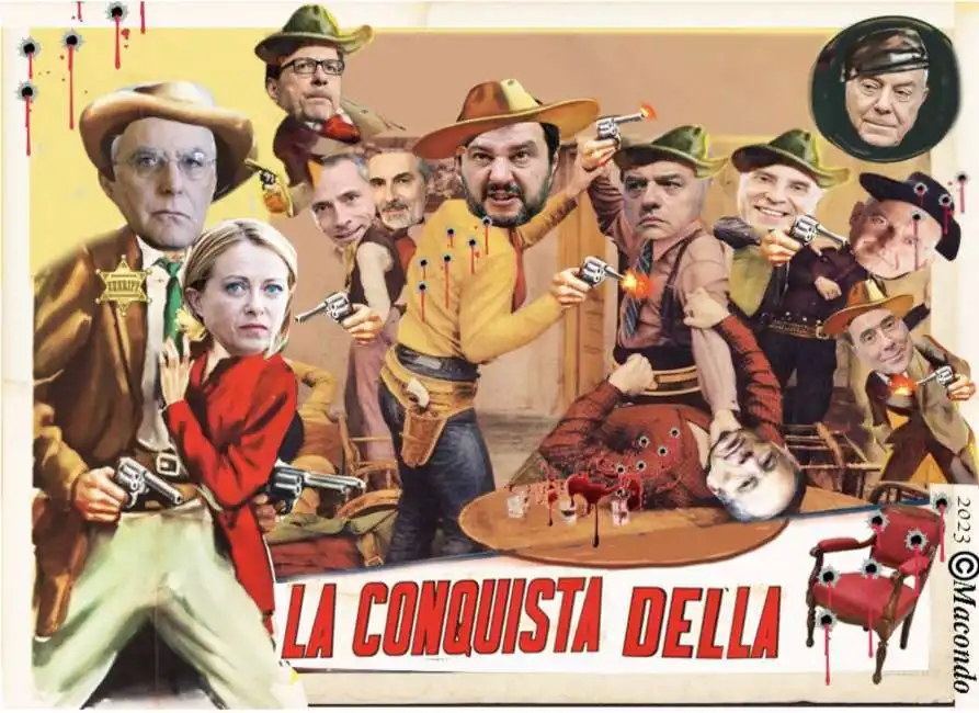 la conquista della poltrona - vignetta by macondo giorgia meloni sergio mattarella donnarumma descalzi del fante profumo gianni letta salvini giorgetti 