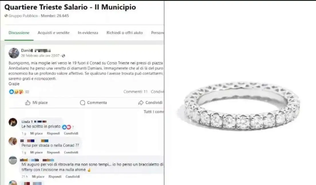 donna perde l'anello di diamanti e il marito lo ritrova grazie all’appello su facebook 