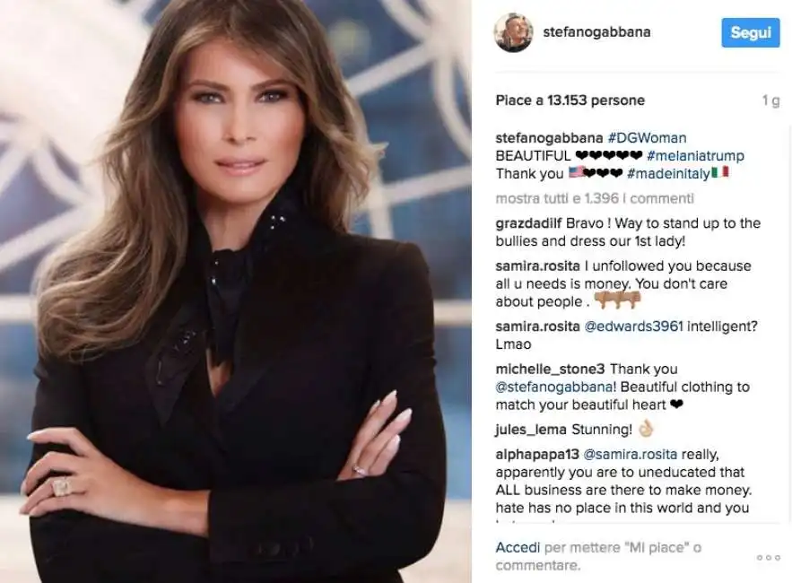 stefano gabbana gongola per la scelta di melania trump