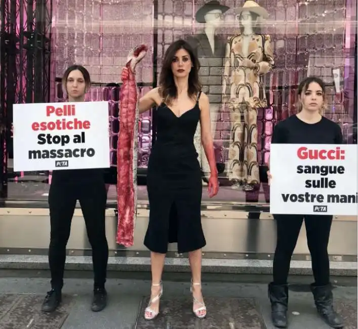 daniela martani e il sit della peta davanti al negozio gucci di milano