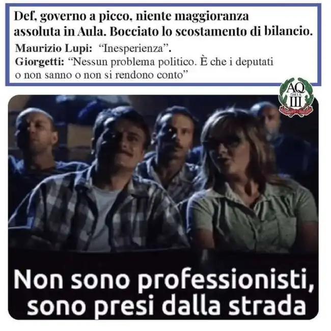 meme sulla bocciatura della risoluzione sullo scostamento di bilancio giorgia meloni giancarlo giorgetti 