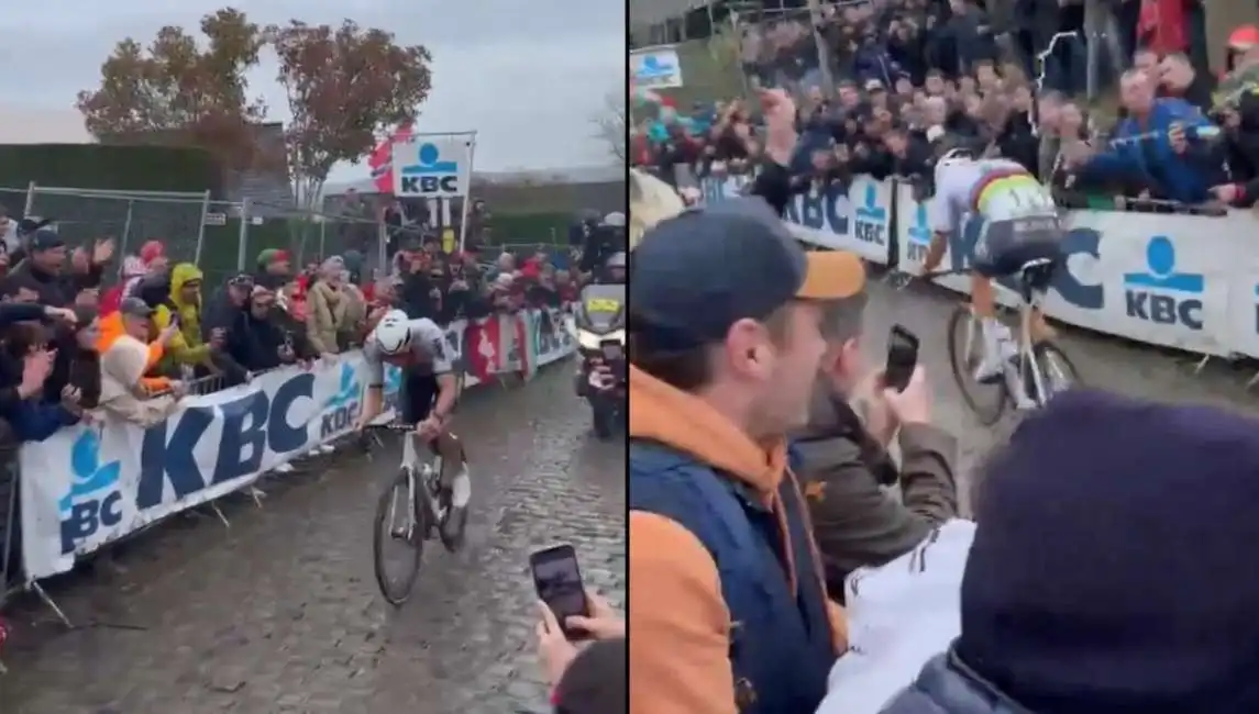 spettatori lanciano birra contro van der poel durante il giro delle fiandre. 