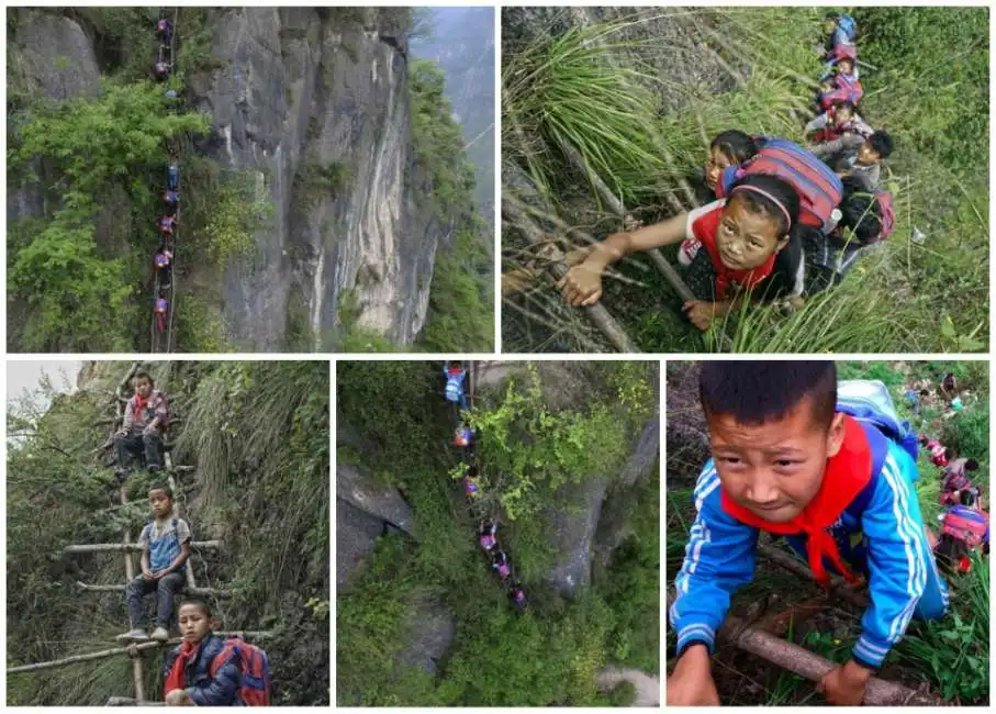 cina - manca la strada e i bambini tornano a casa scalando una parete di 800 metri