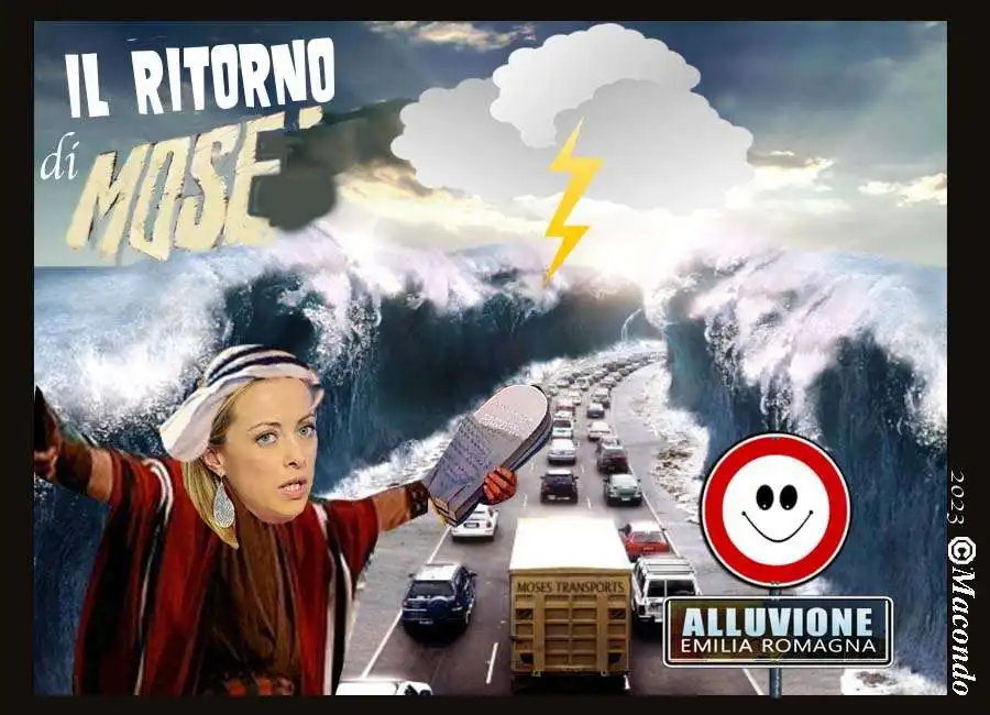 giorgia meloni come mosè alluvione - vignetta di macondo proietti