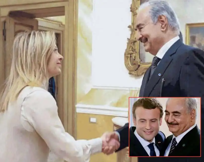 giorgia meloni khalifa haftar emmanuel macron 