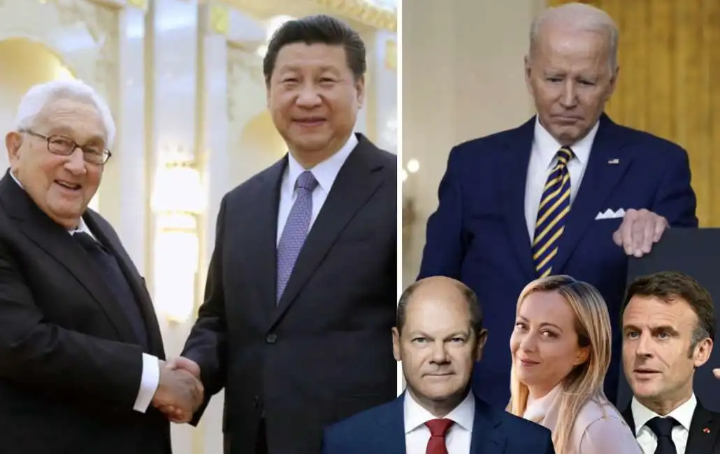 henry kissinger xi jinping – joe biden olaf scholz emmanuel macron giorgia meloni 