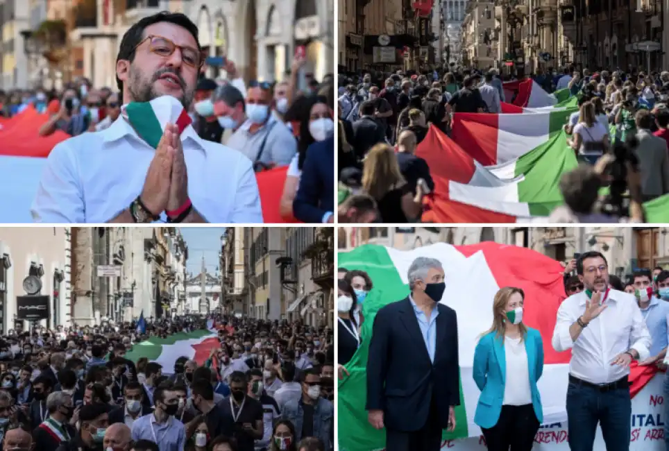 manifestazione centrodestra destra 2 giugno 2020 matteo salvini giorgia meloni antonio tajani