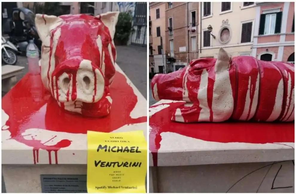 vandalizzata la statua della porchetta a trastevere