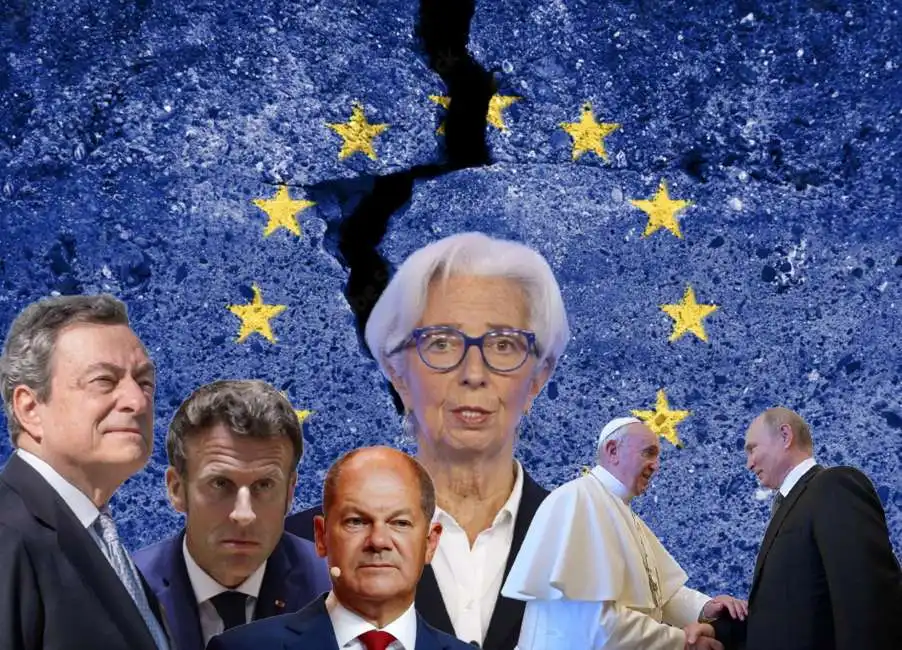 christine lagarde vladimir putin bergoglio papa francesco olaf scholz emmanuel macron mario draghi 