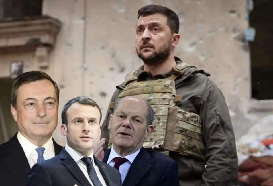 mario draghi olaf scholz emmanuel macron volodymyr zelensky 