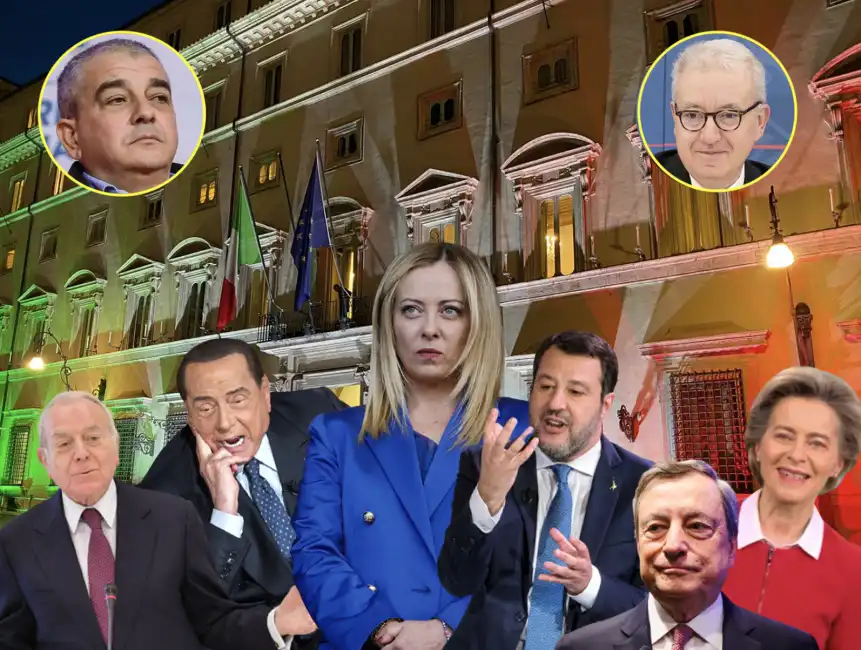 giovanbattista fazzolari alfredo mantovano gianni letta silvio berlusconi giorgia meloni matteo salvini mario draghi ursula von der leyen palazzo chigi