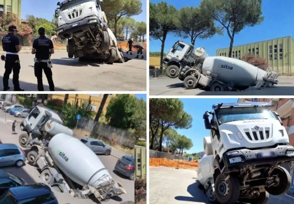 betoniera sprofonda in una voragine durante i lavori - quadraro - roma 2 