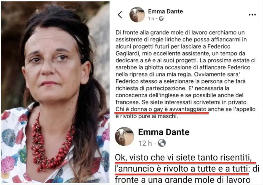 emma dante e la proposta di lavoro per donne e gay 