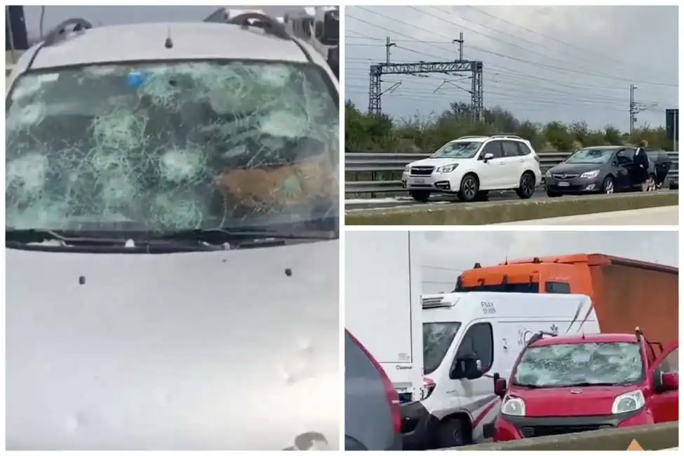 auto danneggiate da grandine in autostrada 