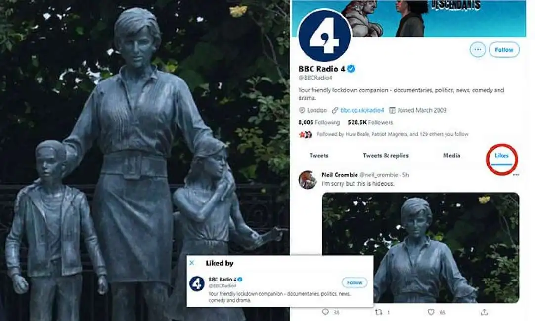 il like della bbc al commento di neil crombie alla statua di diana