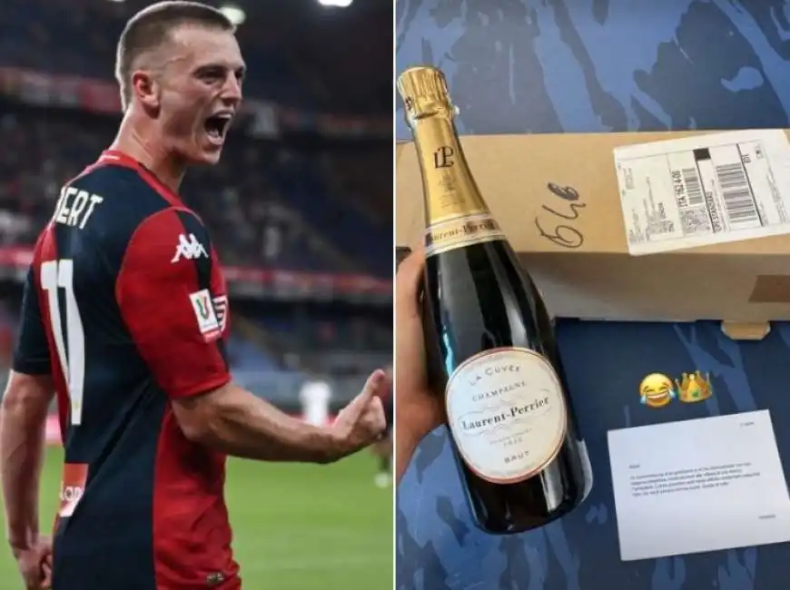 albert gudmundsson riceve bottiglia di champagne da un fantallenatore 