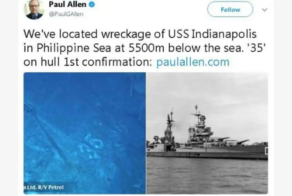 paul allen annuncia la localizzazione della uss indianapolis