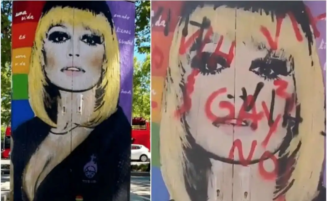 il murales di raffaella carra' a barcellona imbrattato con frasi omofobe 