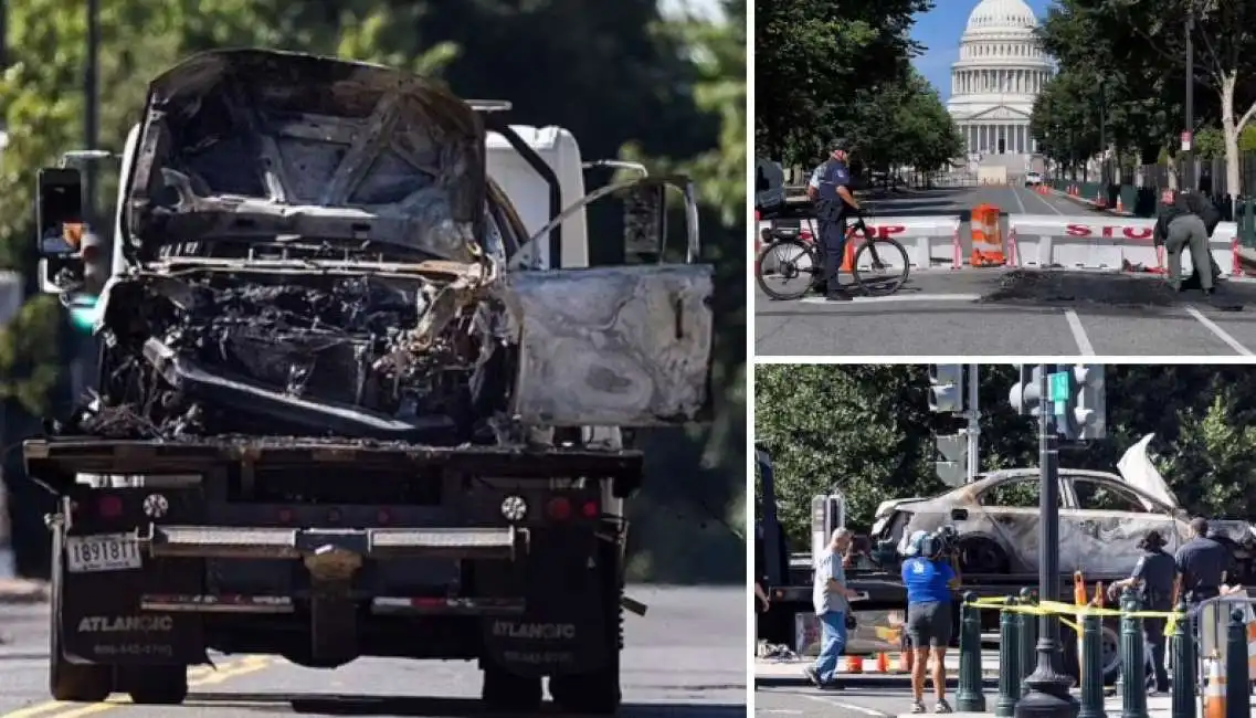 uomo si lancia con l auto in fiamme sulla cancellata di capitol hill - 