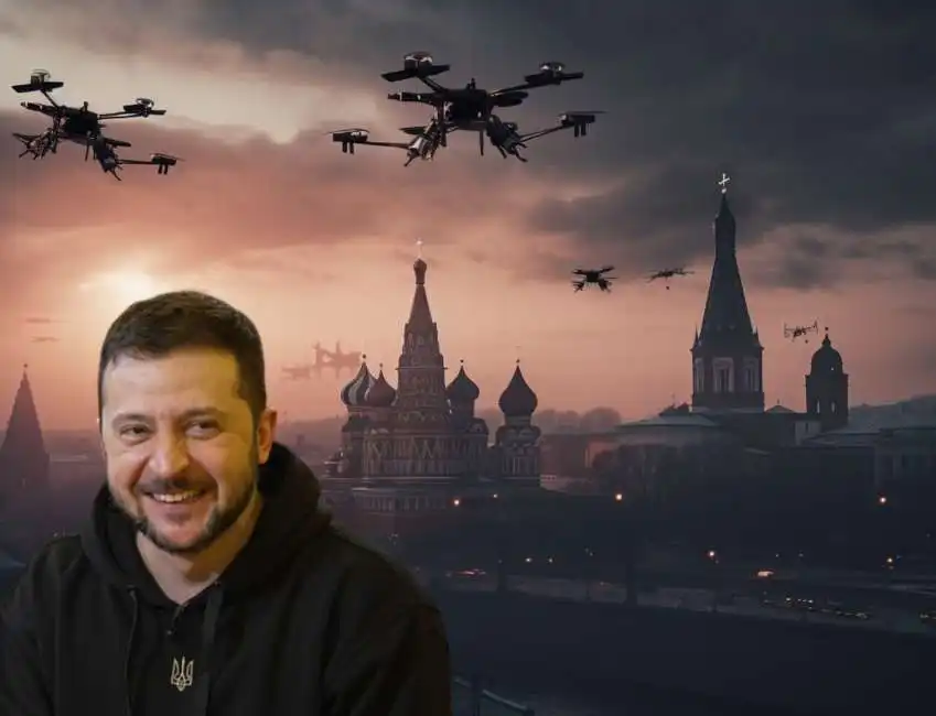 droni sul cremlino - immagine creata con midjourney volodymyr zelensky russia ucraina 