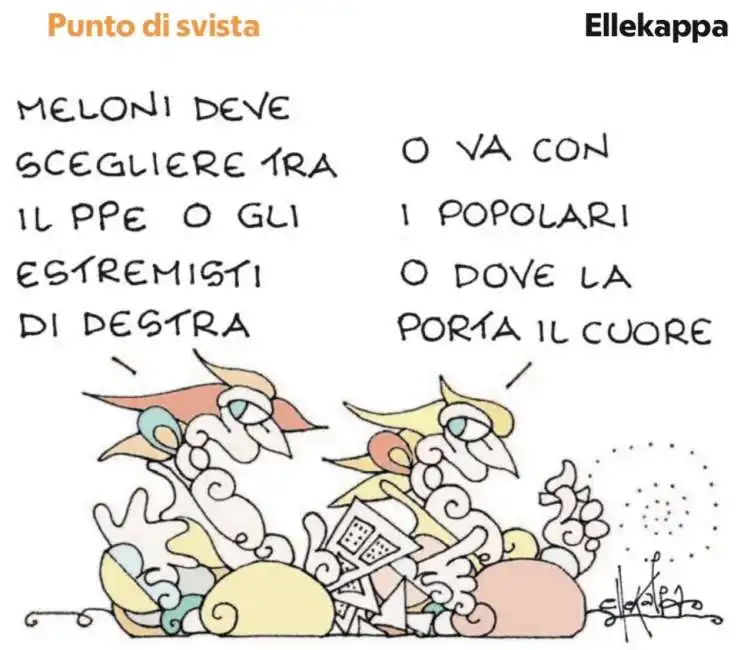 giorgia meloni combattuta tra ppe e estremisti di destra - vignetta by ellekappa ecr conservatori partito popolare europeo manfred weber 