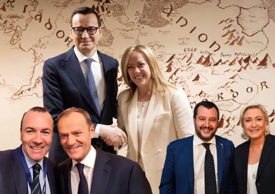 giorgia meloni marine le pen matteo salvini mateusz morawiecki donald tusk manfred weber