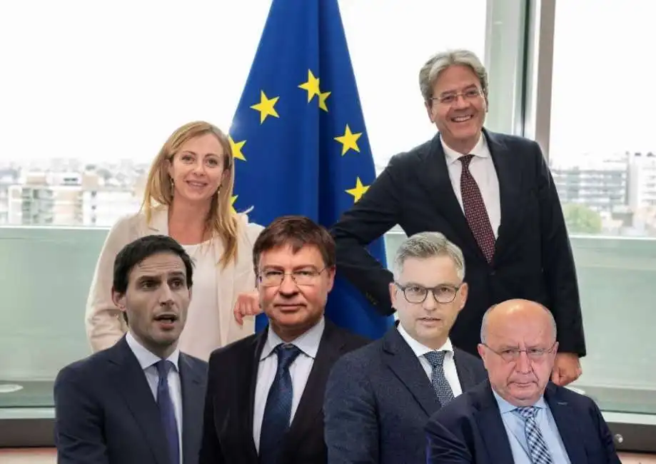 paolo gentiloni giorgia meloni valdis dombrovskis wopke hoekstra marcus brunner andrius kubilius 