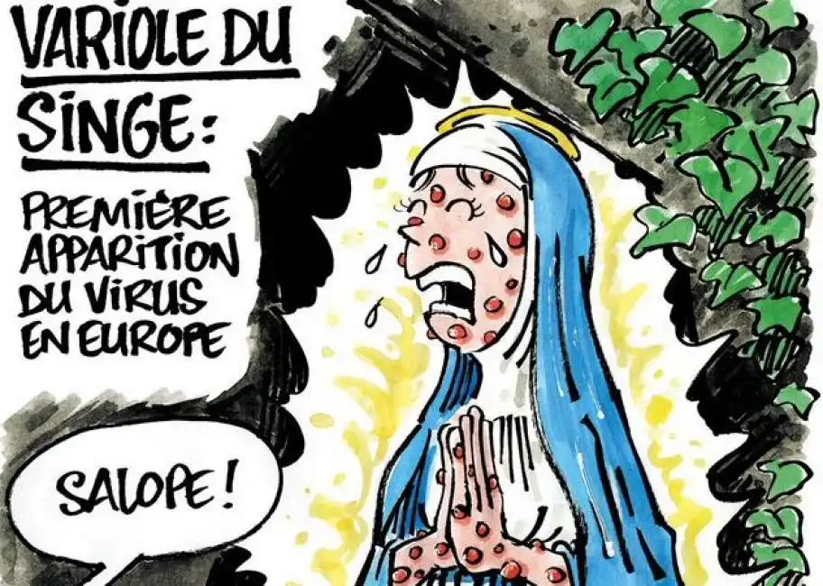 vignetta di charlie hebdo della madonna con il vaiolo delle scimmie