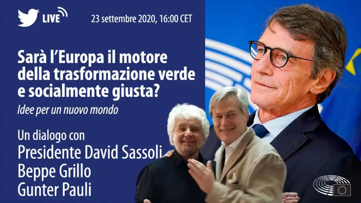 david sassoli con gunter pauli e beppe grillo