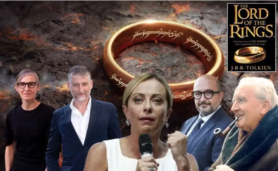 giorgia meloni meloni alessandro giuli, sangiuliano cristiana collu tolkien e la copertina del signore degli anelli